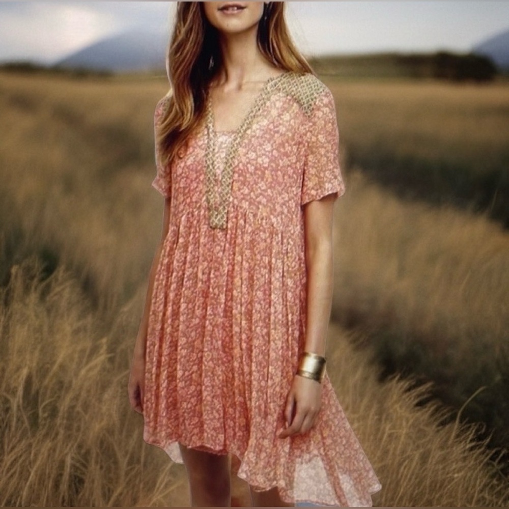 Anthropologie Pink Floral Boho Tunic Dress with Gold Trim